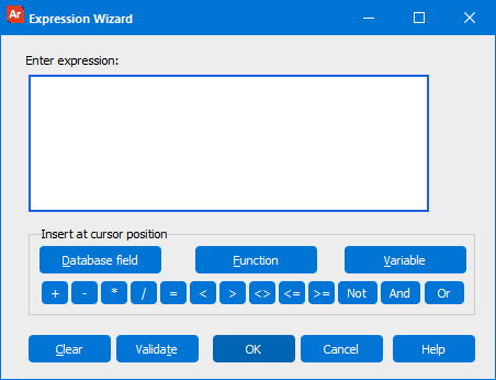 Expression wizard. This dialog has a large, empty text field. Below are buttons for entering a database field, function, or variable. Below those buttons are buttons for entering standard operators, such as equals, greater than, and boolean operators.